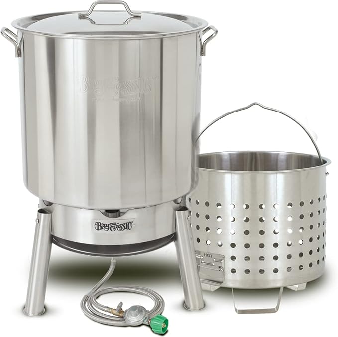 Bayou Classic KDS-982 Stainless Steel Steamer Kit Features 82-qt Stainless Stockpot with Lid, Steam Basket with Helper Handle, Single Jet 106,000 BTU Burner, 10-psi Pre-Set Regulator and 60-in Hose