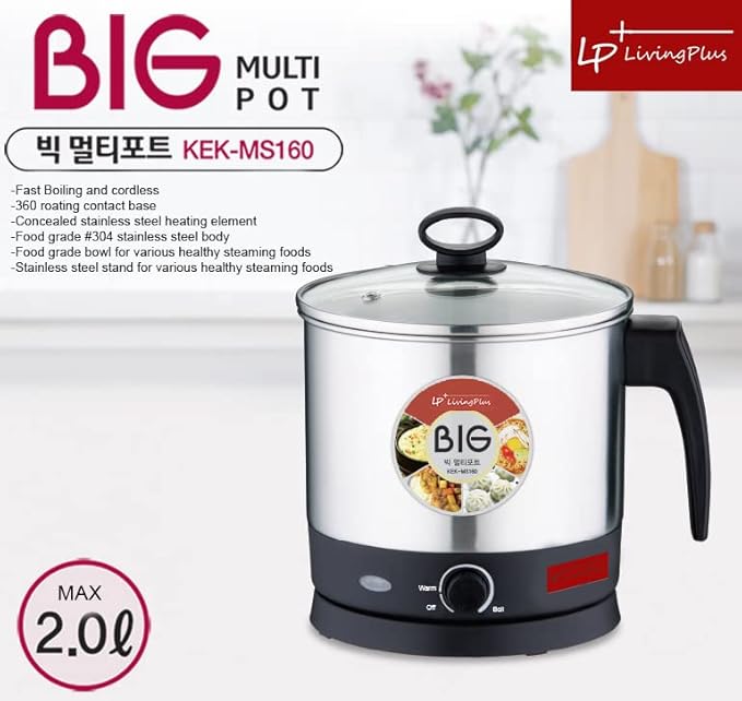 Electric Multifunctional Pot, Steamer with Wire Rack and Bowl, Fast Boiling, Cordless, One Button Touch, for Noodles, Dumplings, Soup, Egg