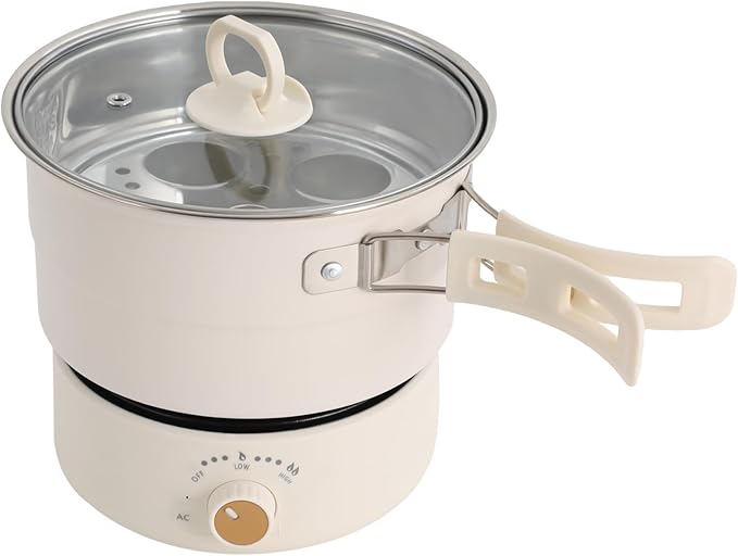 LYNICESHOP Electric Hot Cooker Pot, 110V Hot Pot with Steamer Steamer Mini Multifunctional Pan Portable Mini Travel Cooker Non-Stick Electric Skillet Ramen Noodles Pasta (White)