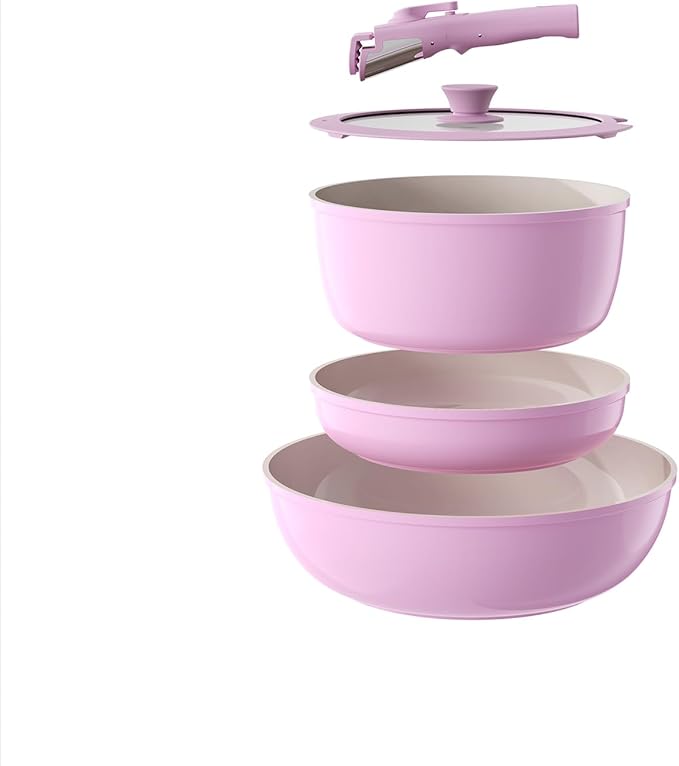 Pots and Pans Set Non Stick, Ceramic Cookware Set Detachable Handle, RV Camping Kitchen Cooking Set Removable Handles, Dishwasher/Oven/Fridge Safe, Induction, Space Saving，PINK