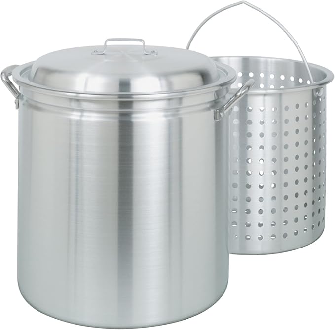 Bayou Classic 4034 34-qt Aluminum Stockpot w/Basket Features Domed Vented Lid Heavy Riveted Handles Perforated Aluminum Basket Perfect For Boiling Steaming and Canning Handcrafted Desig