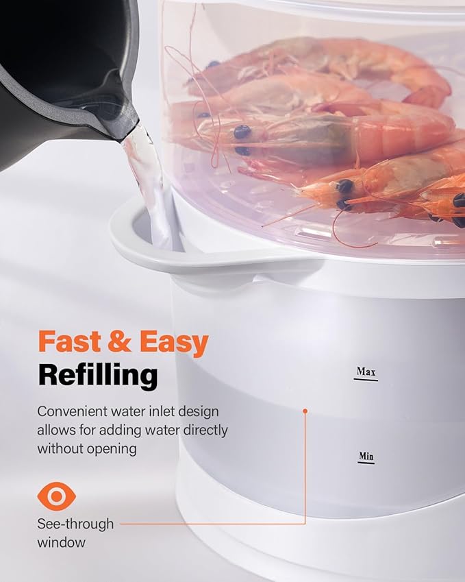 GDOR 3 Tier Electric Food Steamer for Cooking, 800W Vegetable Steamer for Fast Simultaneous Cooking, Dishwasher Safe, Boil Dry Protection, 60-Minute Timer, BPA-Free, 9.6 QT, White