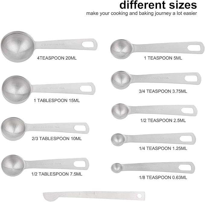 Measuring Cups and Spoons Set, 18/8 Metric & US Stainless Steel 8 Measuring Cups & 9 Spoons with 1 Leveler & 1 Measurement Conversion Chart for Baking & Kitchen