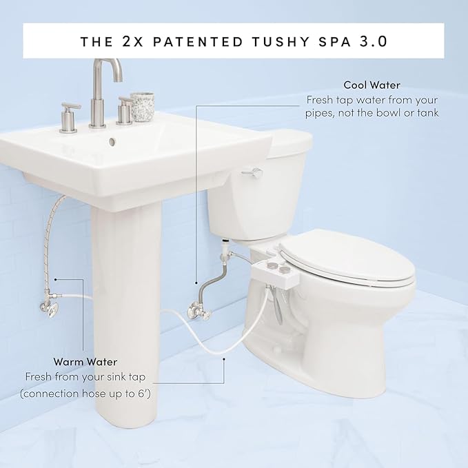 TUSHY Spa Warm Water Bidet Attachment for Toilet. Universal Fit, Easy Install (Requires Sink Access for Optional Temperature Control) Self Cleaning, Adjustable Pressure, Angle Control, Platinum Knob