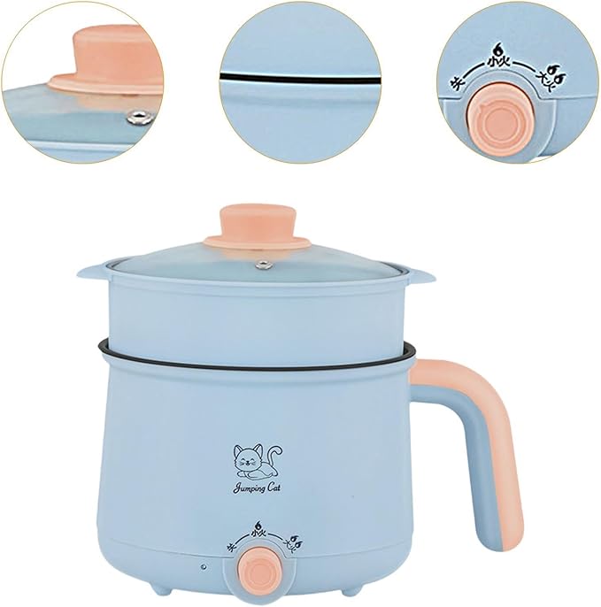 Mini Hot Pot 1.8L Ramen Cooker Multipurpose Cookware Cooking Pot Non Stick Portable Electric Pot Noodles Pot for Noodles Eggs, Pot and PP Steamer