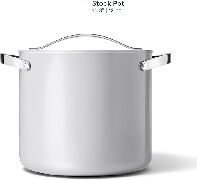 Caraway Stockpot - 12 Qt Ceramic Coated With Lid - Free From Forever Chemicals - Large Pot for Bigger Batches - Gray