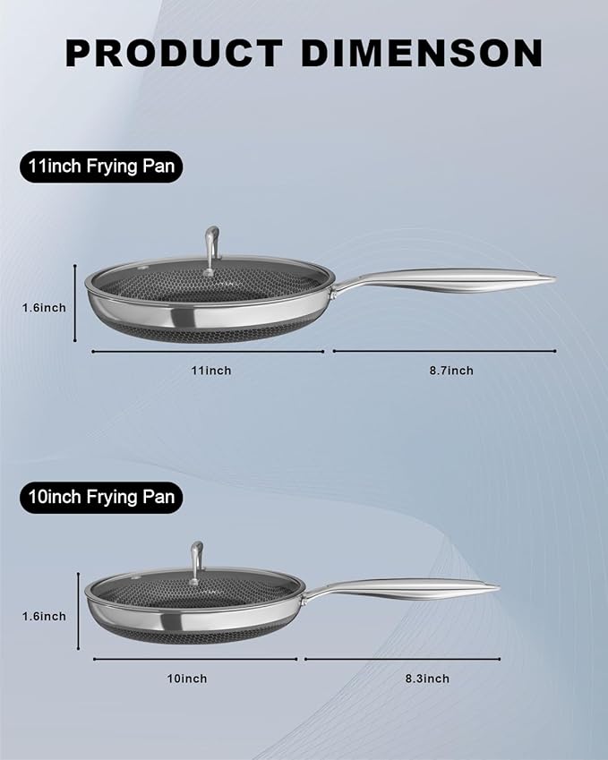 Fogdream 10“11” Non Stick Frying Pans, Stainless Steel Skillet with Lid, Tri-Ply Stainless Steel for All Cooktops, Dishwasher and Oven-Safe Cooking Pan, Stay-Cool Handle, Silver