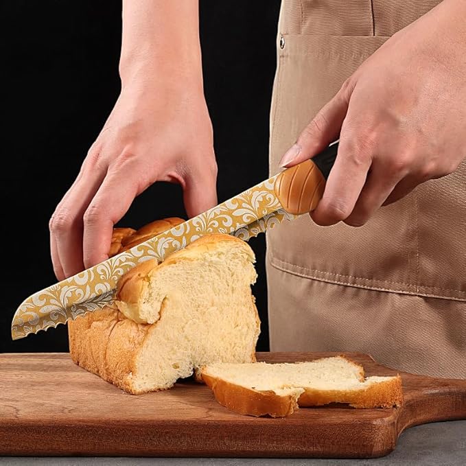 9-Piece Kitchen Knife Set with Block, Stainless Steel Chef, Santoku, Bread, Sushi, Fruit & Utility Knives + Kitchen Shears, Sharpener – Contrasting color design with non-slip handle