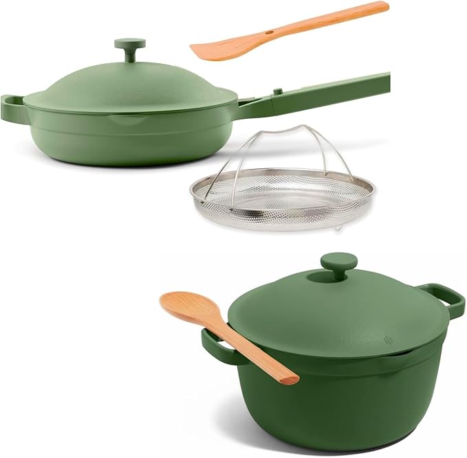 Our Place Cookware Duo | 7-Piece Ceramic Cookware Set with 10.5" Always Pan 2.0, 5.5 Qt Perfect Pot & Strainer Basket | Induction & Oven Safe up to 450°F | Nonstick, Non-Toxic Cookware | Sage