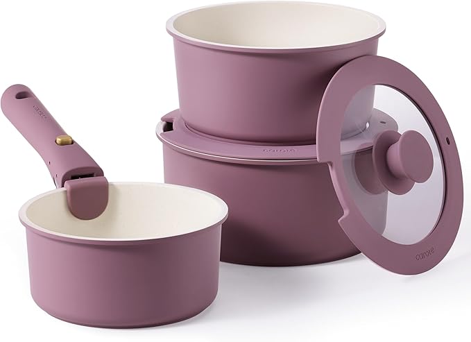 CAROTE 6pcs Nonstick Sauce Pan Sets with Lid 3 Sizes（1.5QT, 2QT & 3QT）, Non Stick Cooking Pot with Detachable Handle, Kitchen Sauce Pots Induction Pot, PFOA FREE, Dishwasher Safe, Purple