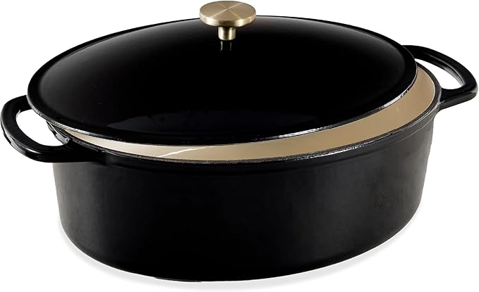 Best Choice Products Oval 7.5 Quart Enamel Cast-Iron Dutch Oven, Heavy-Duty Pre-Seasoned for Baking, Cooking w/Side Handles – Black Licorice