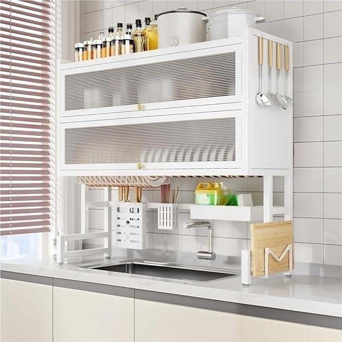 Large Over The Sink Dish Drainer Drying Rack, Space-Saving 3-Tier Dish Drying Rack with Cover, Multifunctional Carbon Steel Sink Shelf for Storage Kitchen Organization(White,37.4''x11''x35.4'')