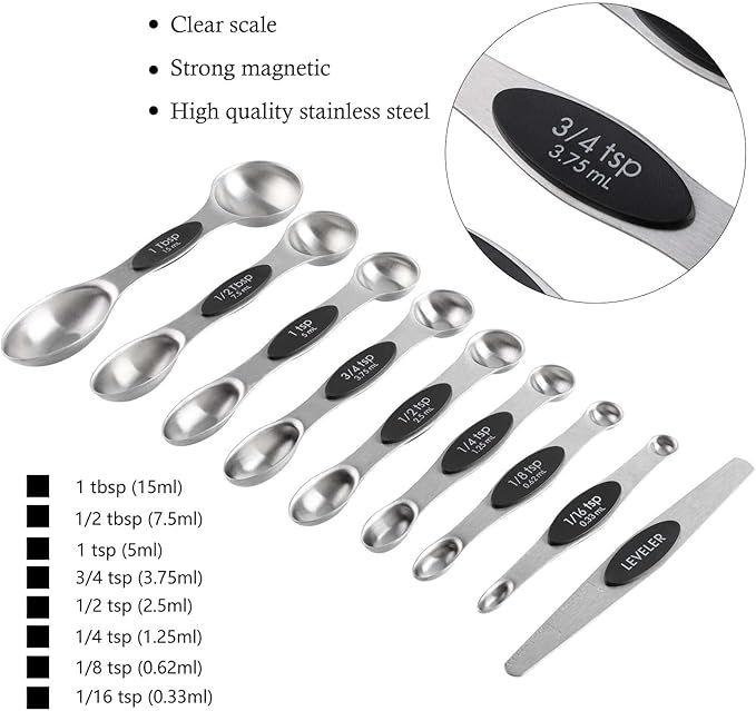 Magnetic Measuring Cups and Spoons Set Including 7 Stainless Steel Stackable Measuring Cup 8 Double Sided Magnetic Measuring Spoons with 1 Leveler for Dry and Liquid Ingredients (black)