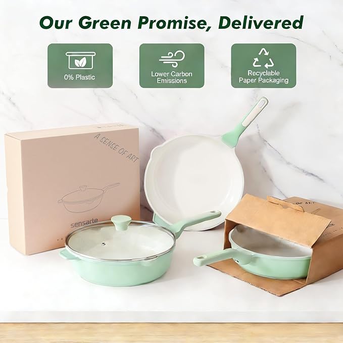 SENSARTE Nonstick Ceramic Skillet with Lid 10-inch, 3.5QT Non Toxic Deep Frying Pan, Dishwasher Safe Saute Pan with Lid, Stay-cool Handle, Healthy Induction Cooking Pot, Green