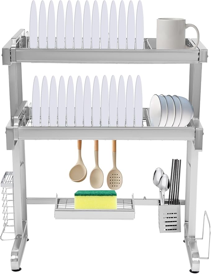 2 Tier Over The Sink Dish Drainer Drying Rack, Stainless Steel Storage Shelf Expandable Over Kitchen Sink, Multifunctional Counter Dish Organizer Rack (B Style)