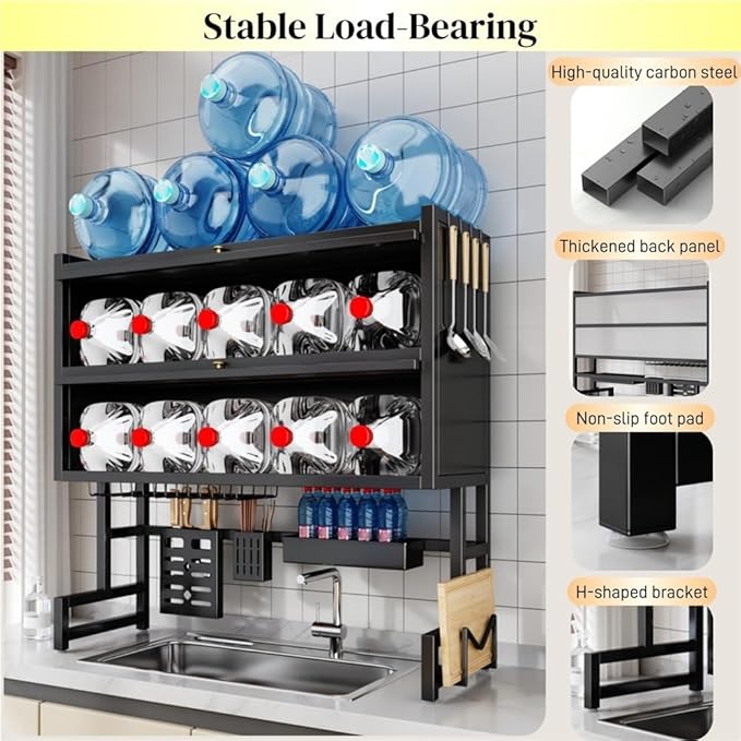 Large Over The Sink Dish Drainer Drying Rack, Space-Saving 3-Tier Dish Drying Rack with Cover, Multifunctional Carbon Steel Sink Shelf for Storage Kitchen Organization(Black,25.6''x11''x35.4'')