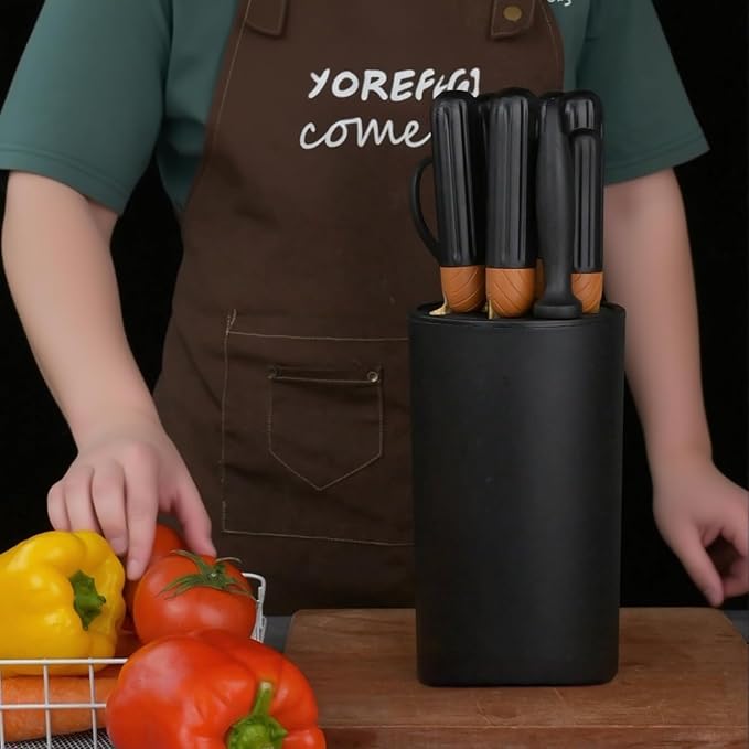 9-Piece Kitchen Knife Set with Block, Stainless Steel Chef, Santoku, Bread, Sushi, Fruit & Utility Knives + Kitchen Shears, Sharpener – Contrasting color design with non-slip handle