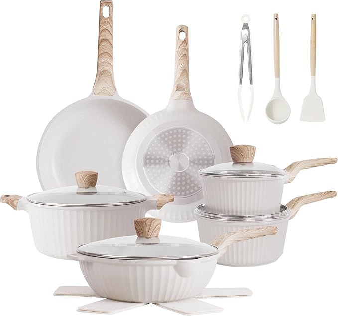 Pots and Pans Set Non Stick, 17Pcs Kitchen Cookware Sets, Granite Stone Induction Cookware Non Stick Cooking Set w/Frying Pans, Saucepans, Sauté Pan (PFOA Free), Cream White