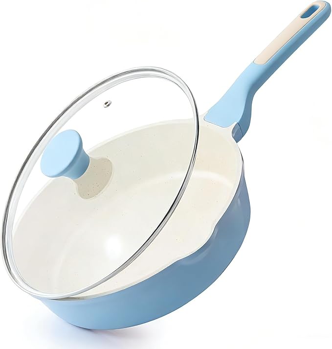 SENSARTE Nonstick Ceramic Saute Pan 10-inch, 3.5QT Nonstick Skillet, Non Toxic Deep Frying Pan with Lid, Stay-cool Handle, Healthy Cooking Pot, Induction Compatible, Blue