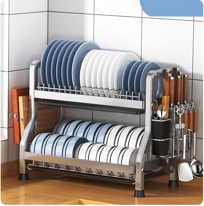 LMingKun Over The Sink Dish Drying Rack,Dish Rack, Dish Dryer Rack, Dish Drain, Black Dish Drying Rack,Snap-On Design 2-3 Tier Small Dish Rack Stainless Steel (25.6''X10.2''X16.1'')