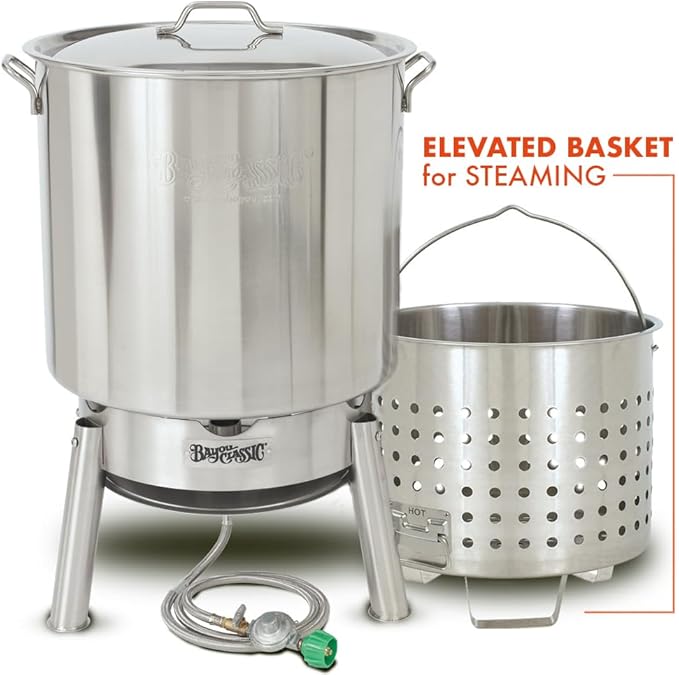 Bayou Classic KDS-982 Stainless Steel Steamer Kit Features 82-qt Stainless Stockpot with Lid, Steam Basket with Helper Handle, Single Jet 106,000 BTU Burner, 10-psi Pre-Set Regulator and 60-in Hose