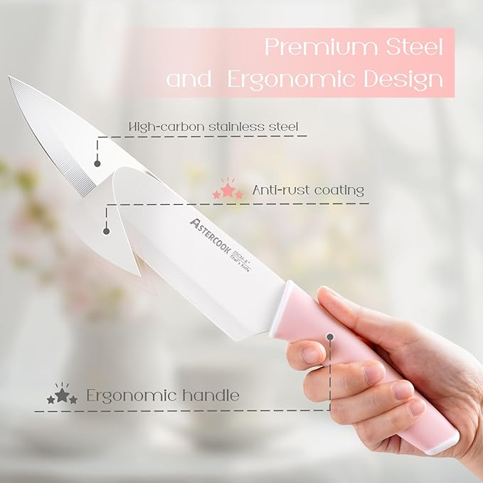 Astercook Knife Set, Kitchen Knives Set with Block and Sharpener Ceramic Coating 15 Pcs German Stainless Steel Knives Sharp Blade Dishwasher Safe Deba Knives with Ergonomic Handle, Crystal Pink