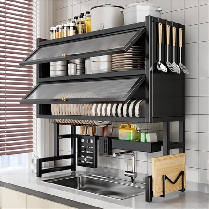 Large Over The Sink Dish Drainer Drying Rack, Space-Saving 3-Tier Dish Drying Rack with Cover, Multifunctional Carbon Steel Sink Shelf for Storage Kitchen Organization(Black,29.5''x11''x35.4'')