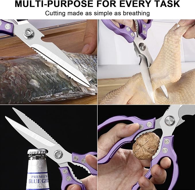 CGBE Kitchen Scissors All Purpose Heavy Duty, Ultra Sharp Stainless Steel Kitchen Shears Dishwasher Safe, Cooking Shears for Chicken, Poultry, Fish, Meat, Herbs & Grapes with Non-Slip Grips - Purple
