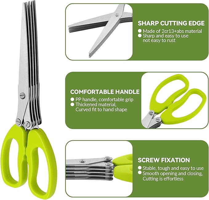 stainless steel herb scissors with 5 blades, multi blade herb cutting shears for kitchen salad,Scallion,Green onion