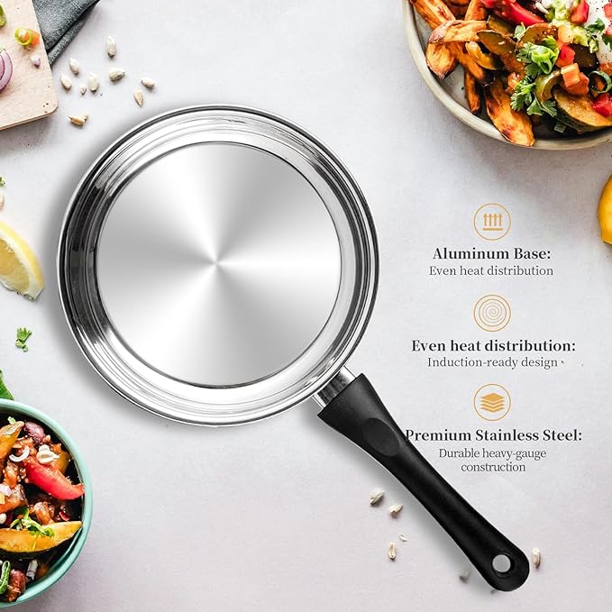 6-Piece Stainless Steel Cookware Set with Glass Lids, Stay-Cool Handles | Fry Pan, Saucepan, Sauce Pots | Compatible with Induction, Electric, Gas Stovetops | PFOA-Free, Dishwasher Safe