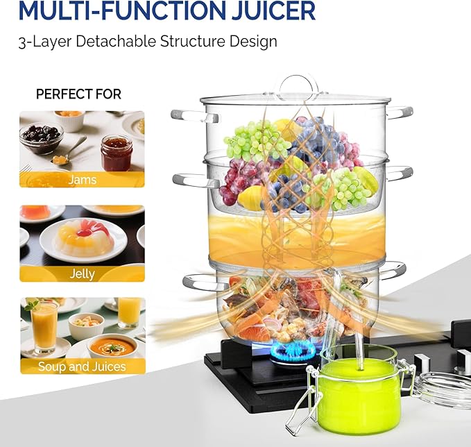 ROVSUN 8.5 Quart Juice Steamer Stainless Steel, Extractor Fruit Vegetables Juicer Steamer Pot, w/Tempered Glass Lid Clamp, Loop Handles, Ideal for Making Juice, Jelly, Pasta