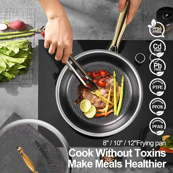 Fogdream 8"10"12" Non Stick Frying Pans, Stainless Steel Skillet with Lid,Tri-Ply Stainless Steel for All Cooktops, Dishwasher and Oven-Safe Cooking Pan, Stay-Cool Handle, Gold