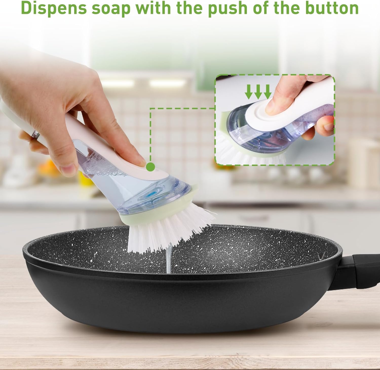 Soap Dispensing Dish Brush with 2 PCS Brush Refills, Dish Scrub Brush with Soap Dispenser, Dish Soap Brush for Dishes, Pans, Sink, Pots