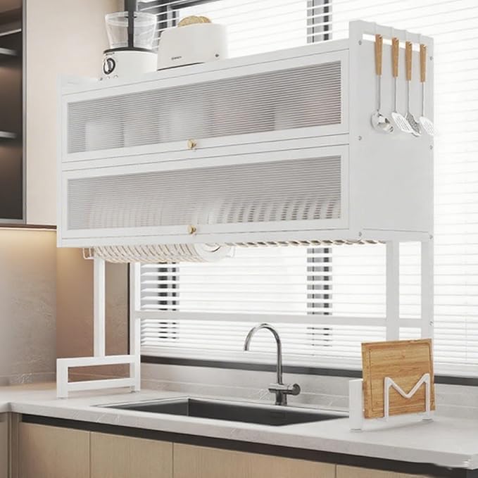 Large Metal Countertop Dish Drying Rack for Kitchen Sinks Three-Tiered Dish Drying Rack with Lid Over The Sink Dish Drying Cabinet with Magnetic Doo(White Double Layer,85cm/33in)