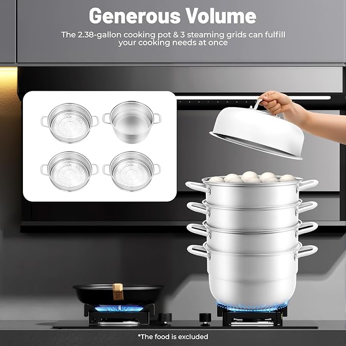 3-Tier Stainless Steel Steamer Pot, Stackable Food Steamer for Cooking, Dumplings, Vegetables & Soup, Induction Compatible, 304 Stainless Steel Cookware Set with Glass Lid