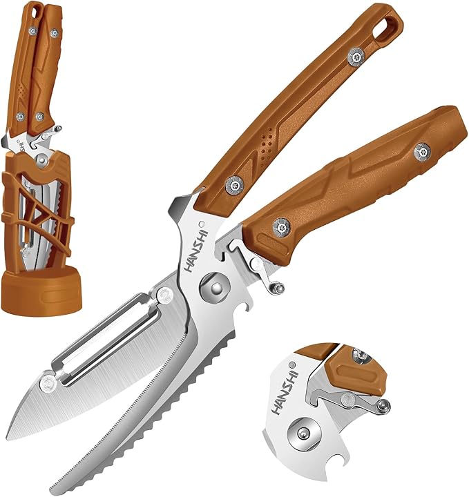 HANSHI Kitchen Shears Heavy Duty Kitchen Scissors with Magnetic Holder, Detachable Multifunctional Poultry Shears for Chicken, Meat, Fish, Turkey, Vegetable,Bone,Gift Box Included (Brown)