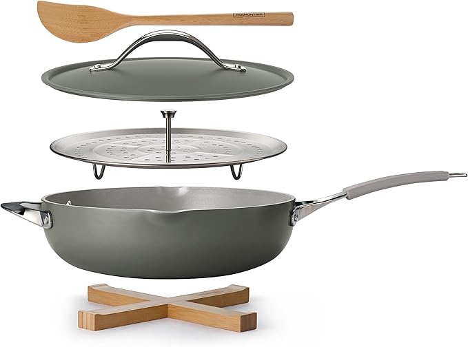 Tramontina All-in-One Plus Pan Set, 5-Quart Ceramic Non Stick Cooking Pan with Lid, Steamer Insert, Bamboo Utensil and Trivet, Gray