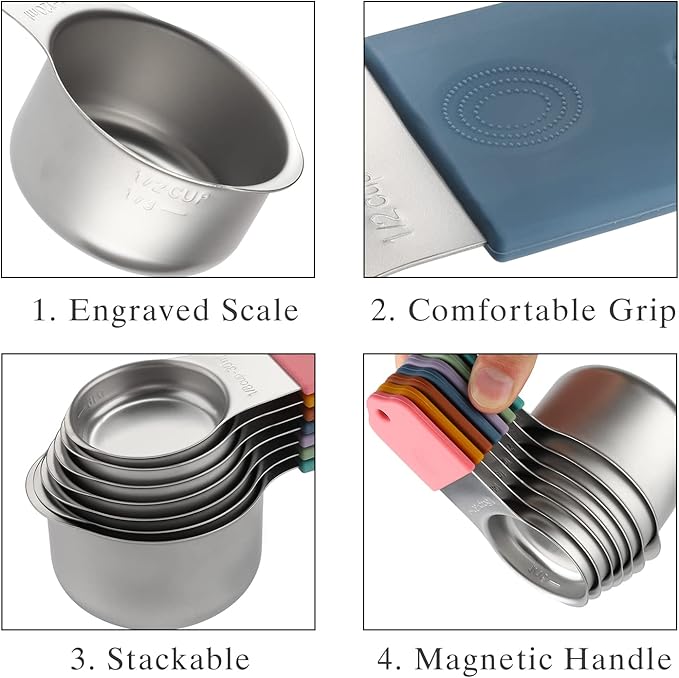 Magnetic Measuring Cups and Spoons Set Including 7 Stainless Steel Heavy Duty Measuring Cup 8 Double Sided Measuring Spoons with 1 Leveler for Dry and Liquid Ingredients (Color)