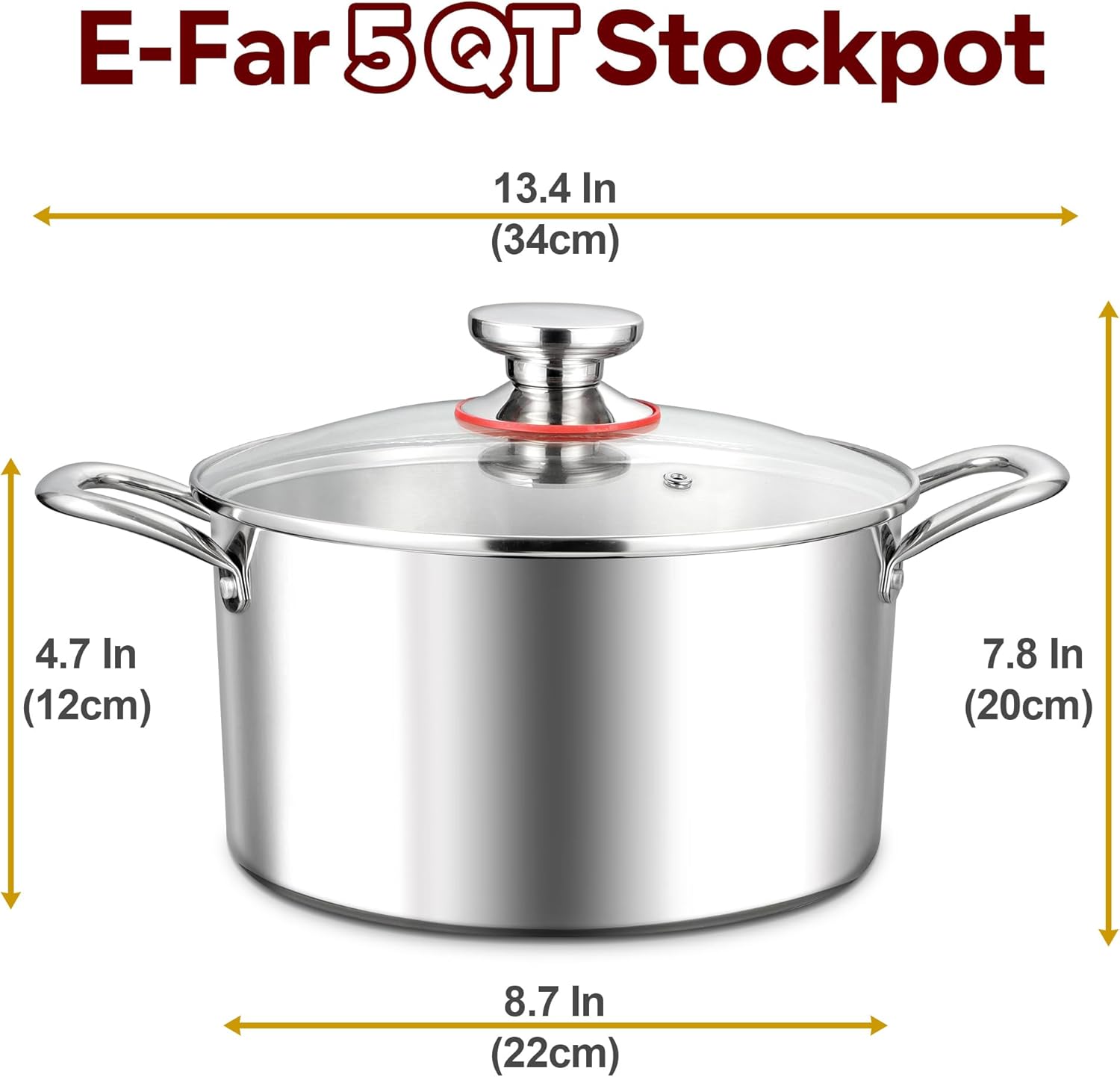 E-far 5 Quart Stock Pot with Lid, 18/10 Tri-ply Stainless Steel Stockpot for Induction Ceramic Gas Stoves, Heavy Duty Cooking Pot for Pasta Soup Stewing Simmering, Oven and Dishwasher Safe