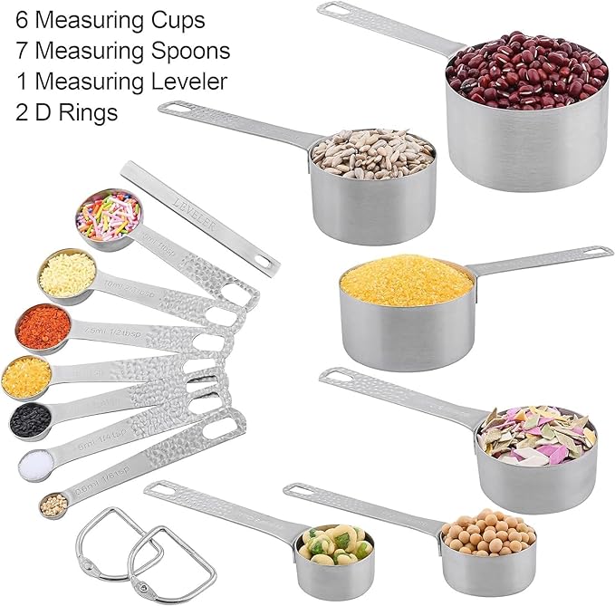 Smithcraft Measuring Cups and Spoons Set 14, Metric & US 18/8 Stainless Steel Measuring Cups and Spoons Set, Dry & Liquid Metal 6 Measure Cups & 7 Measure Spoons w/Leveler for Kitchen & Baking