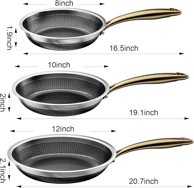 Fogdream 8"10"12" Non Stick Frying Pans Set, Stainless Steel Skillet with Lid, Tri-Ply Stainless Steel for All Cooktops, Dishwasher and Oven-Safe Cooking Pan, Stay-Cool Handle, Gold