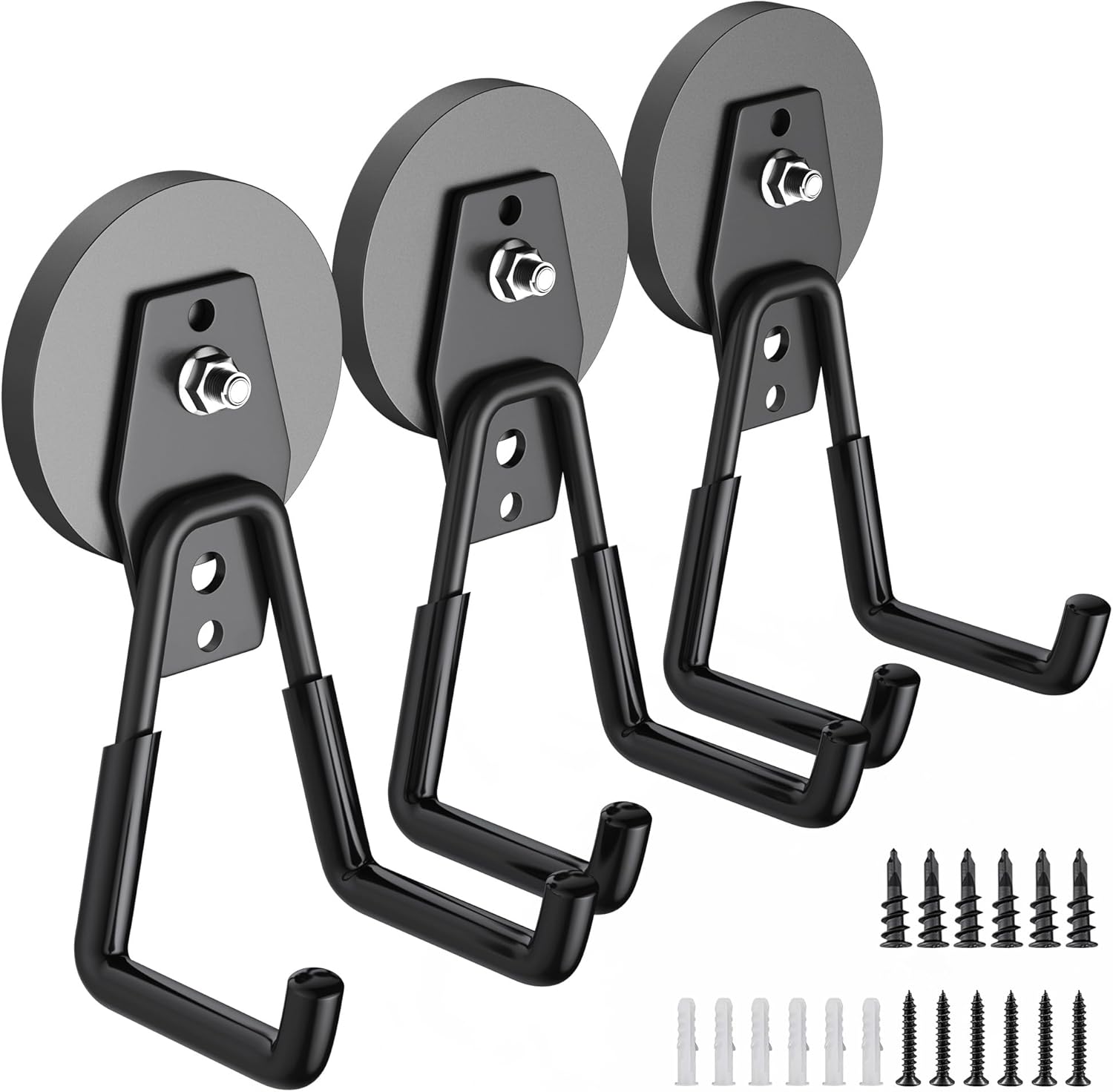 3Pcs Heavy Duty Storage Magnetic Utility Hooks Large Garage Strong Extra Magnet Hooks Hanger with Anti-Slip Coating Heavy Duty Magnetic Hooks for Hanging Power Dril Garage Garden Tools Black