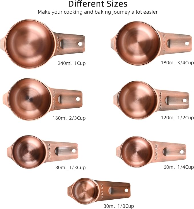 Copper Measuring Cups and Spoons Set, Stainless Steel Measuring Cups and Spoons Set, Metric & US 7 Measure Cup & 9 Long MeasureSpoon,1Leveler & 1Measure Equivalents for Kitchen & Baking