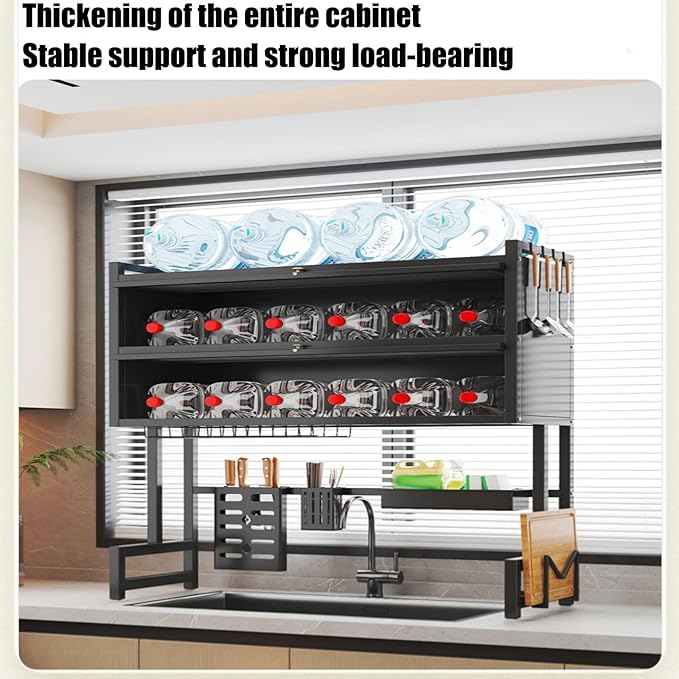 Large Metal Countertop Dish Drying Rack for Kitchen Sinks Three-Tiered Dish Drying Rack with Lid Over The Sink Dish Drying Cabinet with Magnetic Doo(Black Double Layer,105cm/41in)
