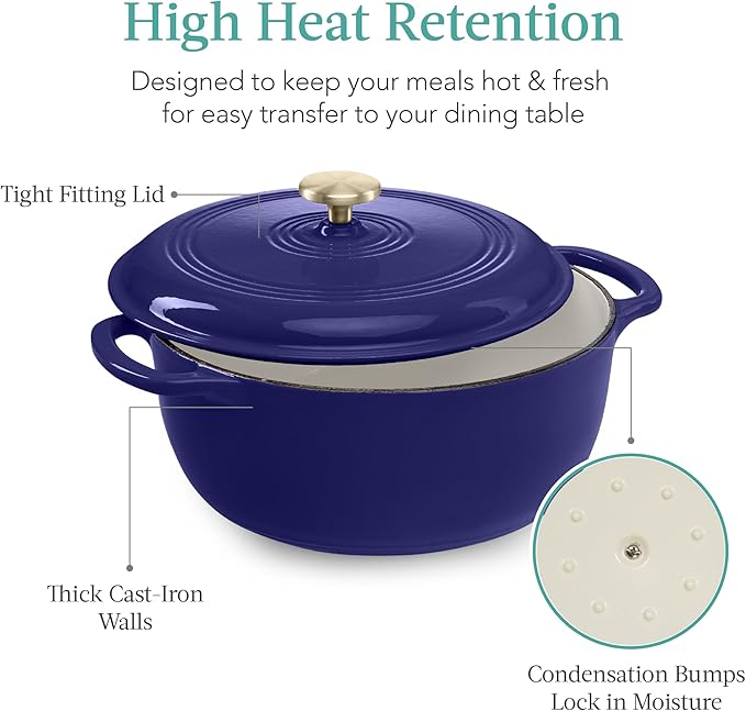 Best Choice Products 7.5 Quart Enamel Cast-Iron Round Dutch Oven, Family Style Heavy-Duty Pre-Seasoned Cookware for Home, Kitchen, Dining Room, Oven Safe w/Lid, Dual Handles - Sapphire Blue