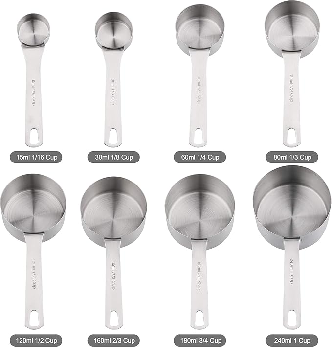 Measuring Cups and Spoons Set, 8 Stainless Steel Measuring Cups and 9 Measuring Spoons and 1 Measurer Ingredient Leveler and 1Magnetic Conversion Chart and 2 Rings