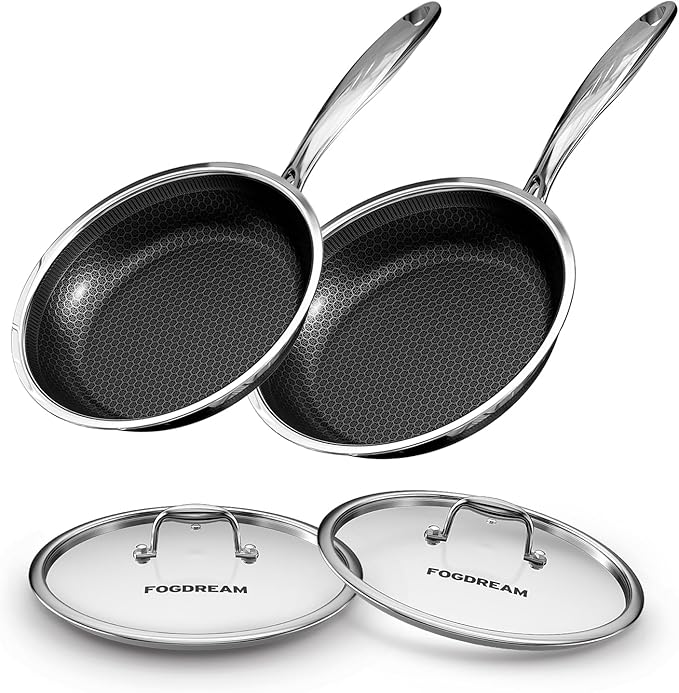 Fogdream 10“11” Non Stick Frying Pans, Stainless Steel Skillet with Lid, Tri-Ply Stainless Steel for All Cooktops, Dishwasher and Oven-Safe Cooking Pan, Stay-Cool Handle, Silver