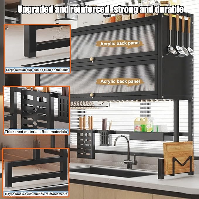 Large Metal Countertop Dish Drying Rack for Kitchen Sinks Three-Tiered Dish Drying Rack with Lid Over The Sink Dish Drying Cabinet with Magnetic Doo(White Double Layer,85cm/33in)