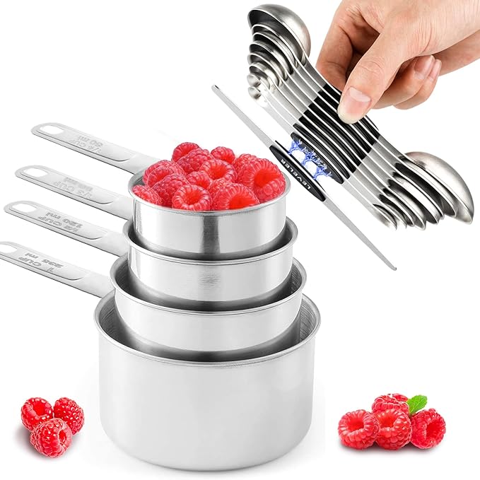 13pcs Stainless Steel Measuring Cups and Spoons Set, 8 Double-Sided Magnetic Measuring Spoons Set & 4 Metal Measuring Cups & 1 Leveler for Kitchen Dry & Liquid Cooking Baking