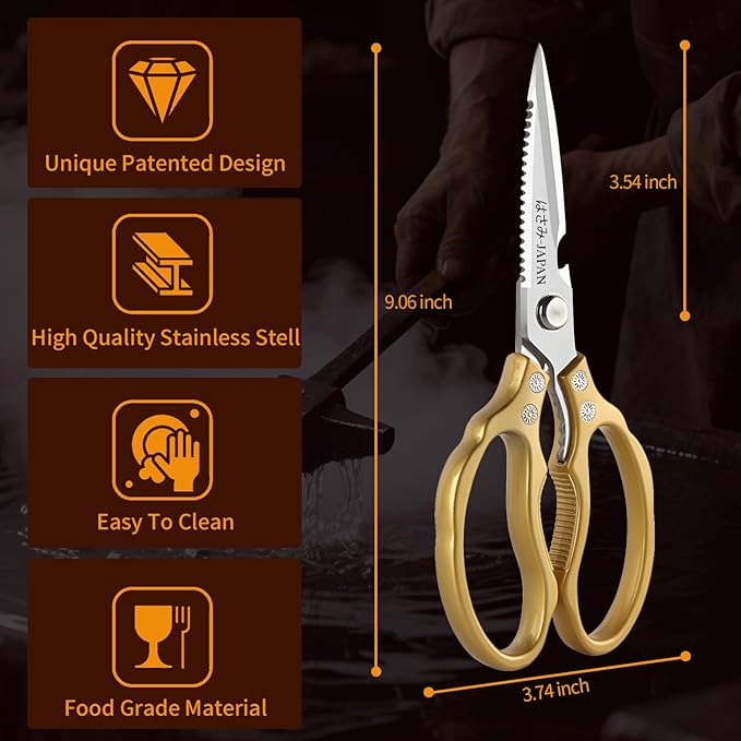 Kitchen Scissors Set Gold - Stainless Steel Shear, Sharp Meat Cutting Scissors Dishwasher Safe, Poultry Shears Heavy Duty, Japan Cooking Scissor for Food, Christmas Gifts for Men Women